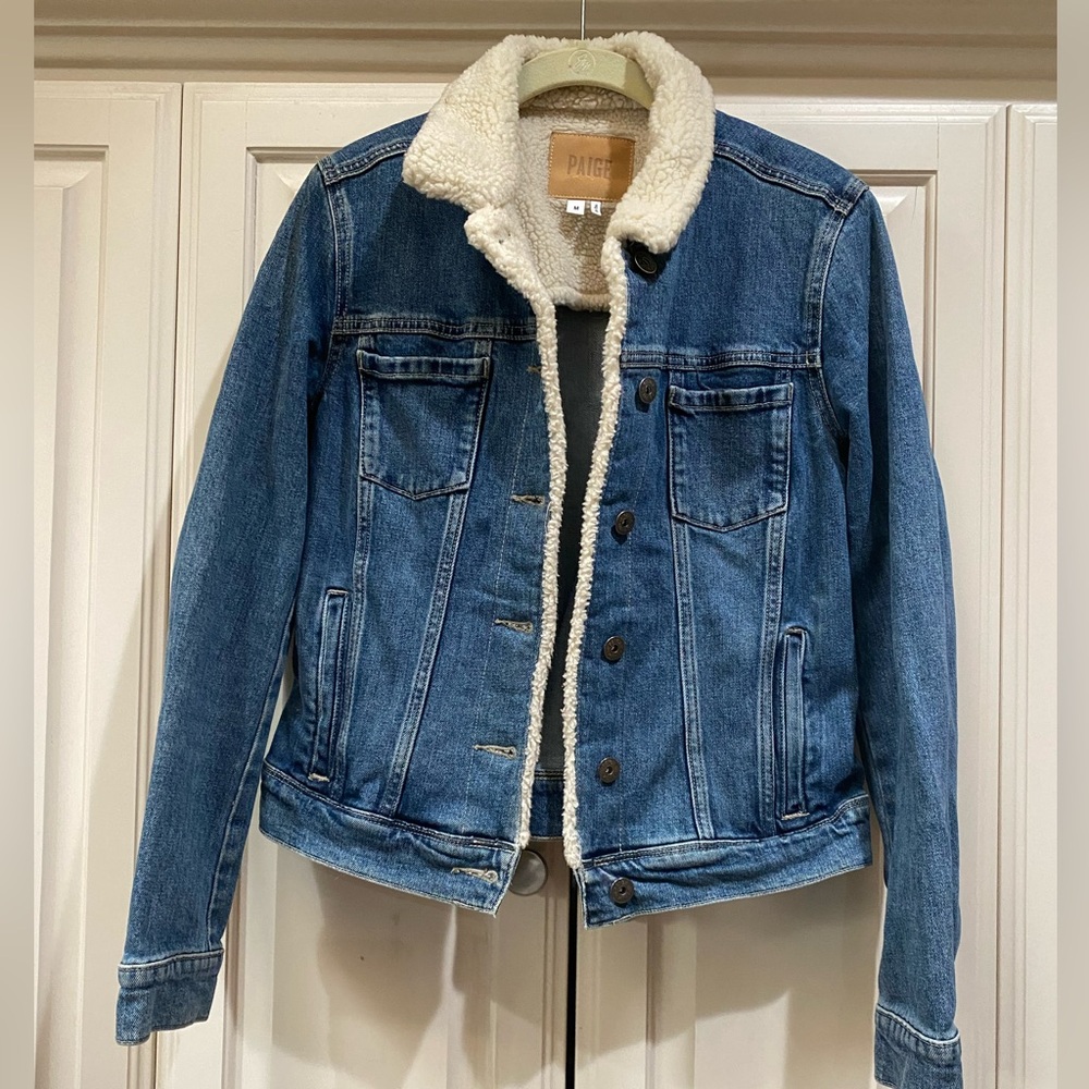PAIGE Blue Denim Sherpa Jean Jacket with Cream Sherpa Trim